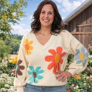 POL Cream Sweater with Colorful Floral Design